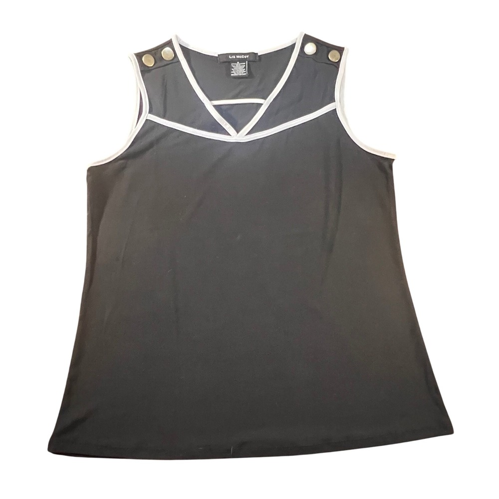 Liz McCoy Women's Black Sleeveless Top White Trim‎ Silver Button Detail Size M